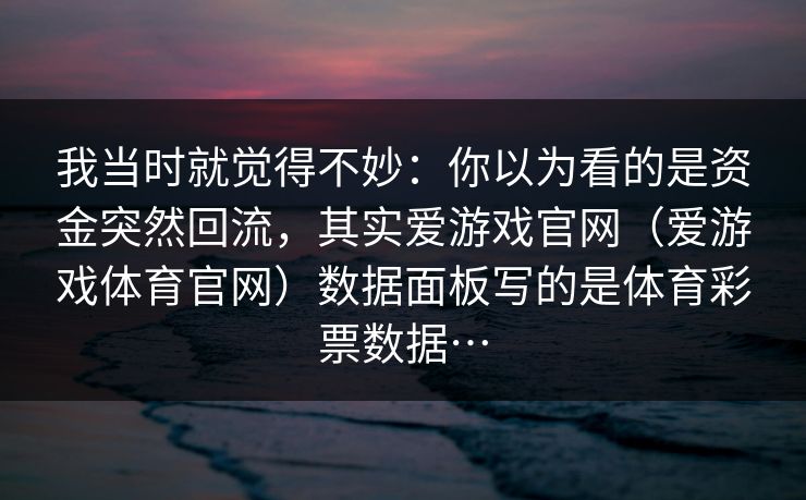 我当时就觉得不妙：你以为看的是资金突然回流，其实爱游戏官网（爱游戏体育官网）数据面板写的是体育彩票数据…